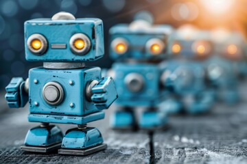 Fototapeta premium Blue toy robots with glowing eyes in a playful setting highlighting robotics and technology in a whimsical and colorful environment