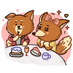 cute cartoon of two foxes happily eating cake sweet time couple illustration