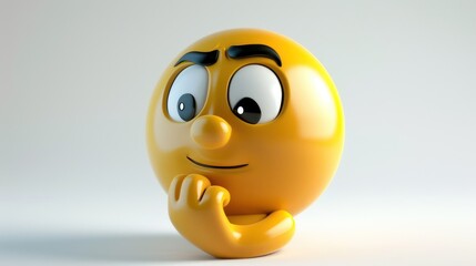A contemplative 3D yellow face emoji, looking upward with a hand on chin, against a white backdrop, reflecting a mood of deep thought or curiosity
