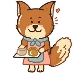 Fototapeta premium cute cartoon of a fox walking to serve tea illustration