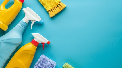 Array of cleaning products, household essentials, organized and neat