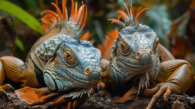 two lizards that are sitting on a rock together