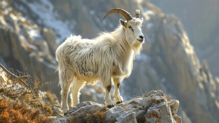 Obraz premium a goat standing on a rocky cliff with a mountain in the background