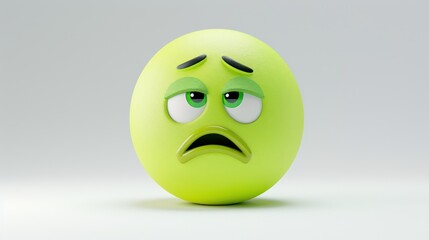 Fototapeta premium A lime green emoji with an expression of confusion, mouth turned down and eyes squinted, against a white backdrop, portraying perplexity or bewilderment