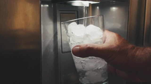 Filling glass with ice water from a fridge 