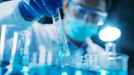 Scientist in a lab coat mixing chemicals, focused on the reaction, laboratory work