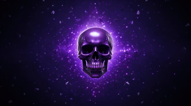 Human skull on a dark purple background, glowing light particles around the skull.