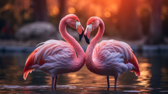 Romantic pink flamingo pair making a heart shape at sunset standing in the shallow lake.