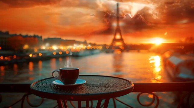 A cup of coffee on a table with the Eiffel Tower in the background at sunset seamless  looping animation time lapse 4k video background 