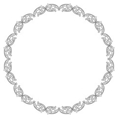 Round circular border or frame with abstract vintage medieval or baroque motifs. Black and white linear silhouette.