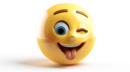 Fototapeta premium A mischievous girl face emoji with a cheeky grin and one eye winking, set against a pristine white background, conveying playfulness and fun
