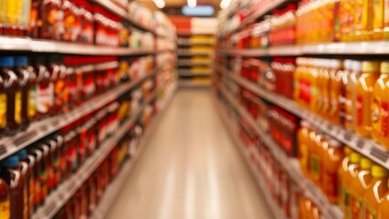 Naklejka premium Aisle with various bottled sauces and condiments, flavor enhancers, cooking essentials