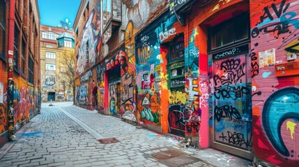 Naklejka premium Graffiti Art : Urban street wall covered in vibrant graffiti and street art
