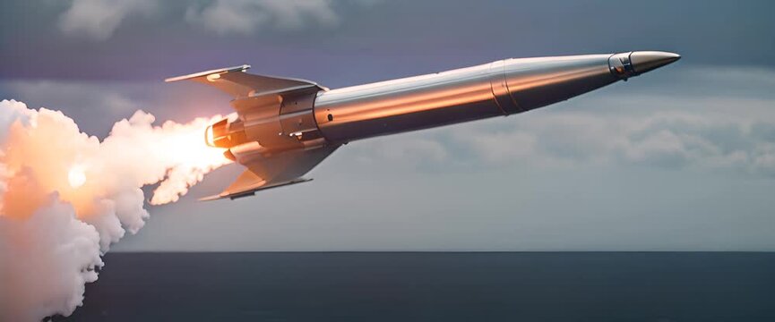 A shiny silver rocket taking off, with bright orange flames, smoke billowing out, on the dark blue background