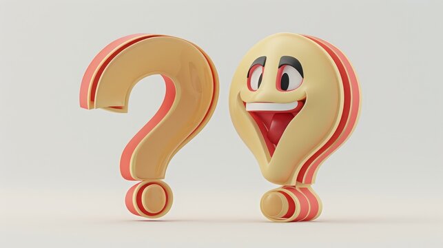 A pair of 3D-rendered question mark-shaped emojis, one with a teasing pout and the other with a jubilant cheer, isolated on a white background, depicting playful banter