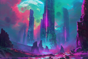 A vibrant alien landscape with tall glowing towers and a large colorful planet in the sky