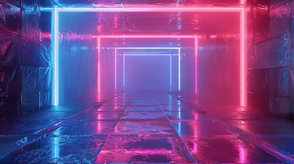 Abstract futuristic 3D render of a dark room interior design with a neon light square frame and blue pink glowing lines reflecting on a wet floor, showcasing a high-tech and modern ambiance.