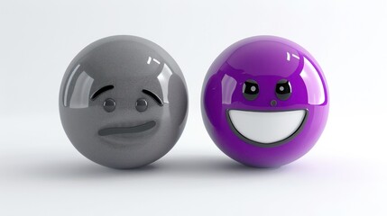 Fototapeta premium A pair of 3D emojis, one solid grey showing weariness, and another bright violet flashing a playful smile, isolated on a white background