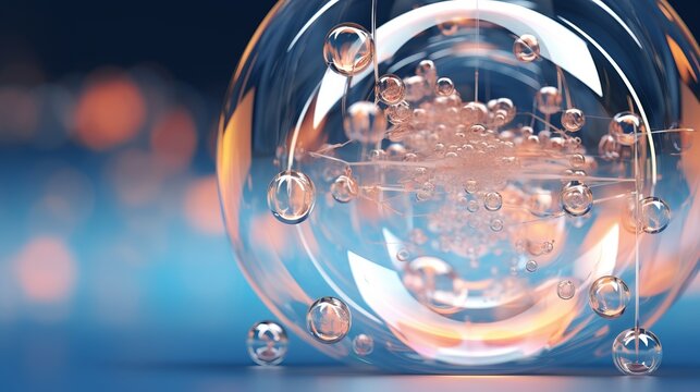 Molecule inside liquid bubble, 3d illustration of molecular structure encapsulated in fluid sphere, scientific visualization of nanotechnology and biochemical processes, detailed render for educationa