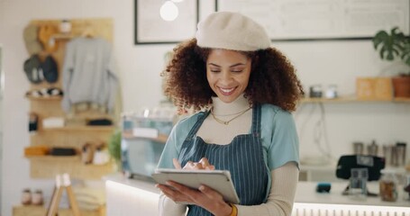 Smile, black woman and scroll on tablet in cafe for online order management, inventory control and schedule delivery. Happy, waitress and digital for e commerce web, menu specials and food service