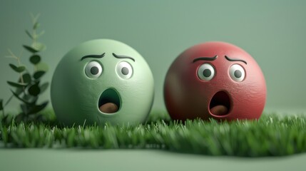 A pair of emojis, one in soft green looking amazed, and the other in muted red expressing curiosity, positioned on a green grass mockup backdrop
