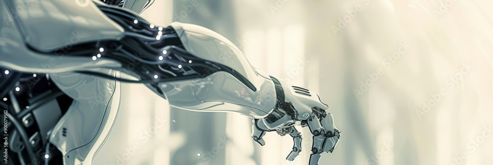 Poster close-up of a robotic hand reaching out. symbolizing human-robot interaction and technological advan