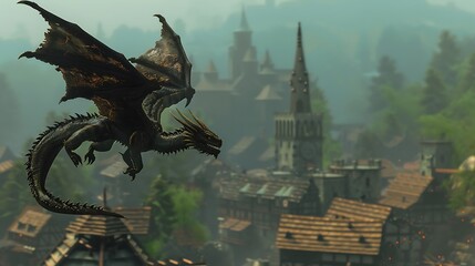 A majestic dragon flies over a medieval village.