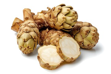 Fototapeta premium Close-up of fresh artichokes, some cut in half, showcasing texture and details, against white background