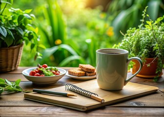 Rustic mug with empowering message amidst lush greenery, notebook, and healthy snacks, inspiring continuous learning, growth, and self-improvement in a cozy and serene atmosphere.