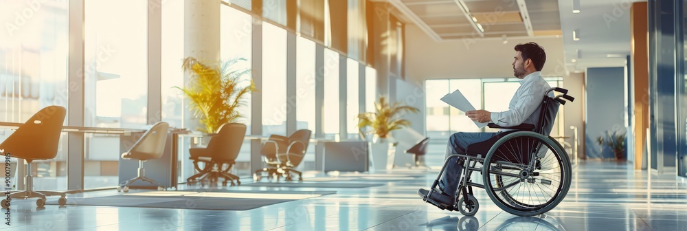 Poster disabled man in a wheelchair reading documents in a bright, open office. accessibility and inclusive
