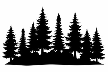 Fototapeta premium Fir trees silhouette. Coniferous spruce horizontal background patterns, black evergreen woods vector illustration. Beautiful panorama with treetops forest