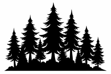 Obraz premium Fir trees silhouette. Coniferous spruce horizontal background patterns, black evergreen woods vector illustration. Beautiful panorama with treetops forest