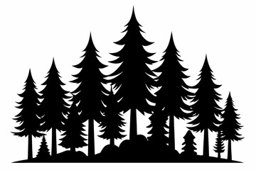 Obraz premium Fir trees silhouette. Coniferous spruce horizontal background patterns, black evergreen woods vector illustration. Beautiful panorama with treetops forest