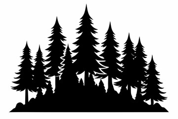 Fir trees silhouette. Coniferous spruce horizontal background patterns, black evergreen woods vector illustration. Beautiful panorama with treetops forest




