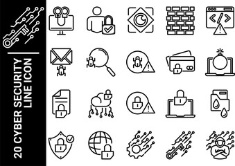 20 cyber security line icon, black and white