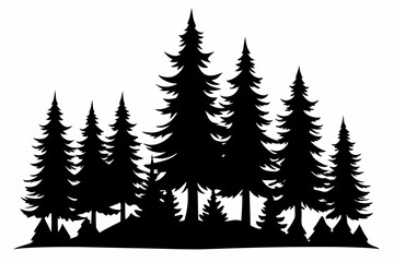 Obraz premium Fir trees silhouette. Coniferous spruce horizontal background patterns, black evergreen woods vector illustration. Beautiful panorama with treetops forest