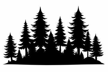 Obraz premium Fir trees silhouette. Coniferous spruce horizontal background patterns, black evergreen woods vector illustration. Beautiful panorama with treetops forest