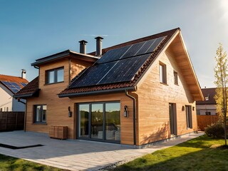 Close-up of a new suburban house with a photovoltaic system on the roof. Simple and modern environmentally friendly house with solar panels on the gable roof, with sunlight during the day