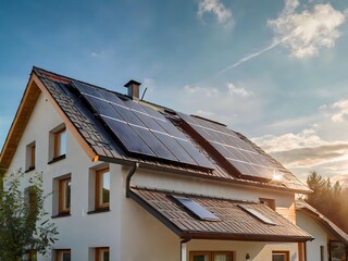 Close-up of a new suburban house with a photovoltaic system on the roof. Simple and modern environmentally friendly house with solar panels on the gable roof, with sunlight during the day