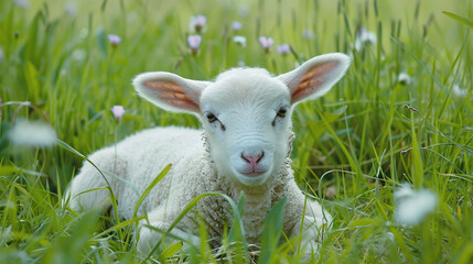 Obraz premium Happy lamb, small sheep face looking frank and cute sitting on green grass.
