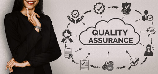 Quality Assurance and Quality Control Concept - Modern graphic interface showing certified standard...