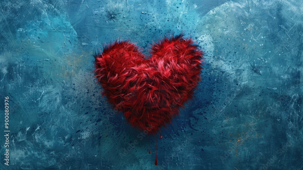 Wall mural Fluffy red heart against a blue Valentine s Day backdrop symbolizing love and tenderness