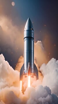 A shiny silver rocket taking off, with bright orange flames, smoke billowing out, on the dark blue background
