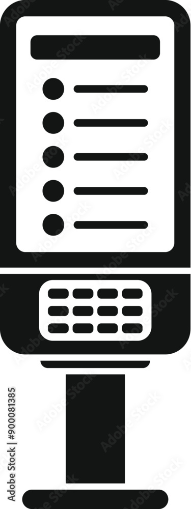 Poster black and white icon of a digital information kiosk displaying a menu list and offering buttons for 