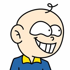a cartoon illustration of a bald boy smiling.