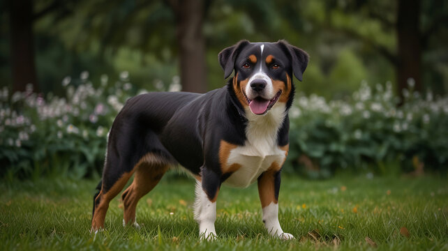 A happy appenzeller sennenhund dog standing on the grass