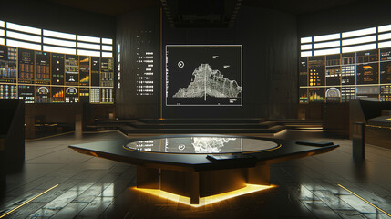 Modern command center featuring advanced technology, interactive screens, and data visualization tools