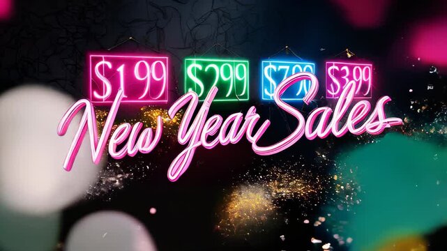 festive New Year Sales advertisement with neon lights displaying various discounted prices ($1.99, $2.99, $7.99, $3.99). text New Year Sales in bright pink, against backdrop of colorful bokeh lights