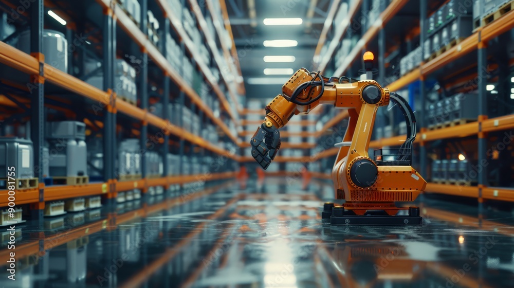 Poster Orange robotic arm in a warehouse aisle with shelves. Advanced robotics and automation in industrial logistics.