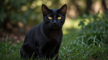 Bombay cat looking and sitting outside on the grass, black cat outdoors